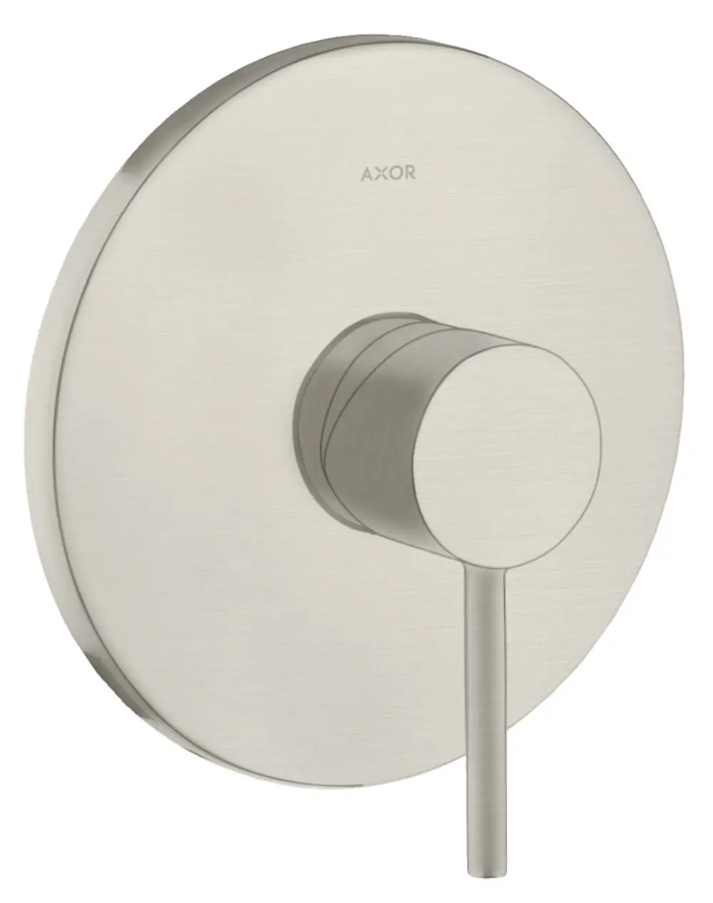 Edelstahlfarbener Unterputz-Brausemischer von AXOR mit einem runden Platten-Design und einem starren Hebelgriff zur Regulierung von Wasser und Temperatur.